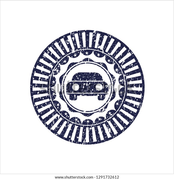 Blue car seen from front icon inside distress\
grunge stamp