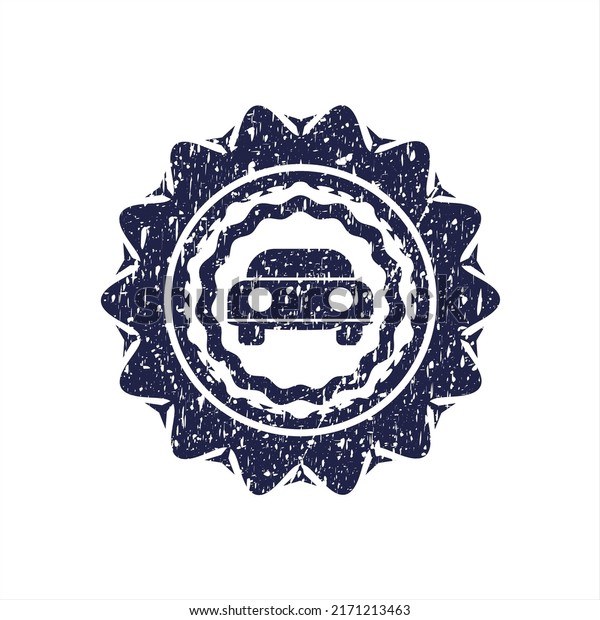 Blue car seen from front icon inside distressed grunge\
stamp. 