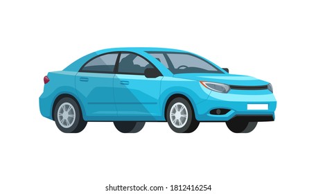 Blue car semi flat RGB color vector illustration. Skyblue beautiful, shiny automobile. Urban means of transport. Vehicle front, side view. Isolated cartoon character on white background