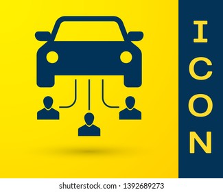 Blue Car sharing with group of people icon isolated on yellow background. Carsharing sign. Transport renting service concept. Vector Illustration