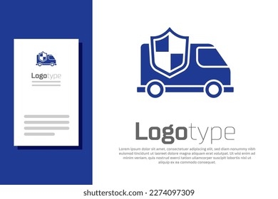 Blue Car with shield icon isolated on white background. Insurance concept. Security, safety, protection, protect concept. Logo design template element. Vector