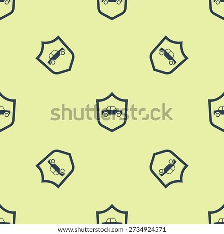 Blue Car with shield icon isolated seamless pattern on yellow background. Insurance concept. Security, safety, protection, protect concept.  Vector
