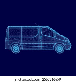 Blue car is shown in a 3D image. The car is a van and is shown in a very detailed and realistic way. The image has a futuristic and modern feel to it, with the car being the main focus of the image