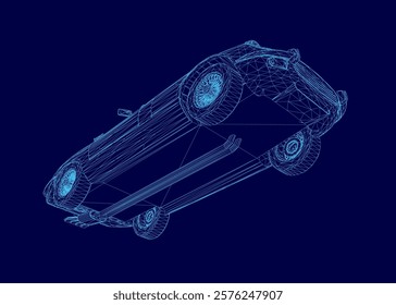 Blue car is shown in a 3D image. The car is upside down and he is in motion. The image has a futuristic and sleek look to it, with the car's design