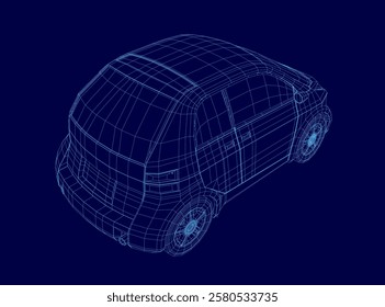 Blue car is shown in a 3D image. The car is a small hatchback. The car is shown in a blue color, which gives it a futuristic and sleek appearance