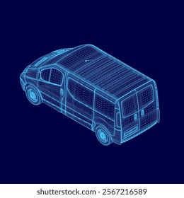 Blue car is shown in a 3D. The car is a van and is shown in a very detailed and realistic way. The image has a futuristic and high-tech feel to it