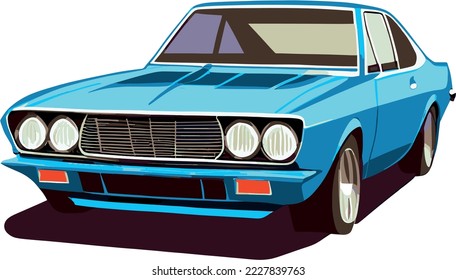 a blue car is shown in a blue background with a shadow of the car on the left side of the image.