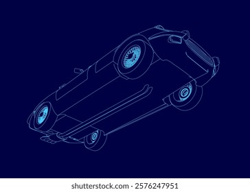 Blue car is shown in a cartoonish style. The car is upside down and he is flying through the air. Scene is playful and whimsical