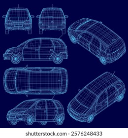 Blue car is shown in different angles. The car is a hatchback and has a small trunk. The car is designed to be compact and easy to park