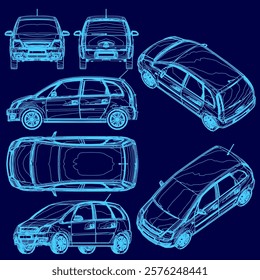 Blue car is shown in different angles. The car is a hatchback and has a small trunk. The car is designed to be compact and easy to park