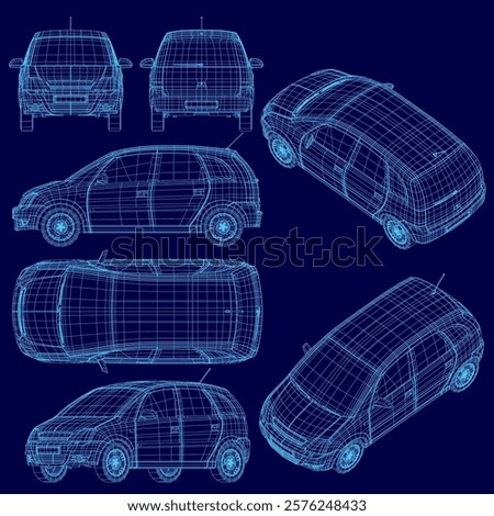 Blue car is shown in different angles. The car is a hatchback and has a small trunk. The car is designed to be compact and easy to park