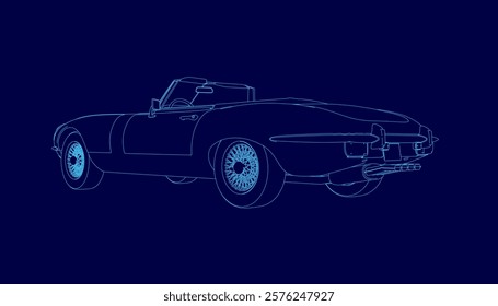 Blue car is shown in a digital image. The car is a classic model and is shown in a stylized way. The image has a futuristic feel to it, with the car appearing to be a part of a larger