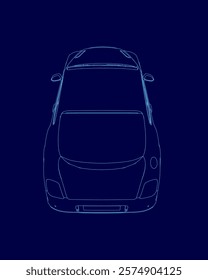 Blue car is shown in a blue drawing. The car is a sports car with a sleek design. The car is shown from the side, with the hood up and the windows down.