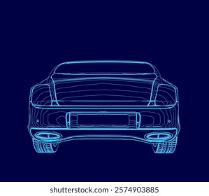 Blue car is shown in a stylized, 3D form. The car is a sports car with a sleek design and a long, curved tail. The blue color of the car gives it a sense of luxury and sophistication