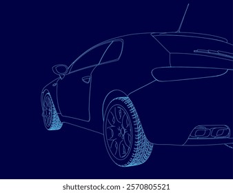 Blue car is shown in a stylized way. The car is a sports car with a sleek design. The car is shown from the side, with the wheels and tires visible. The image has a modern and futuristic feel to it