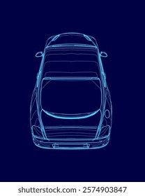 Blue car is shown in a stylized way. The car is a modern design with a sleek and aerodynamic shape. The blue color of the car gives it a sense of luxury and sophistication