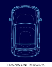 Blue car is shown in a stylized way, with the top of the car being the focus. The car is shown in a 3D format, which gives it a futuristic and sleek appearance