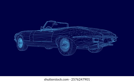 Blue car is shown in a wireframe style. The car is a classic model and he is a convertible. The blue color of the car gives it a sleek and modern look