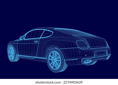 Blue car with a sleek design and a shiny finish. The car is shown in a 3D, giving it a futuristic and modern appearance. Concept of luxury and sophistication, as well as a sense of speed