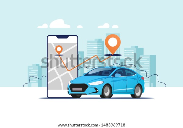 Blue car, smartphone with\
route and points location on a city map on the urban landscape\
background. Car and satellite navigation systems concept vector\
illustration.