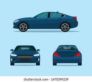 Blue car sport sedan isolated. Sedan with side view, back view and front view.  Vector flat style illustration.