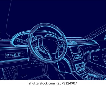 Blue car with a steering wheel and a dashboard. The steering wheel is in the center of the image