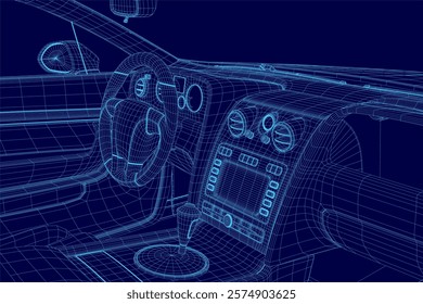 Blue car with a steering wheel and a dashboard with a bunch of buttons. The car is in a futuristic style