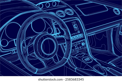 A blue car with a steering wheel and a dashboard. The steering wheel is in the center of the image