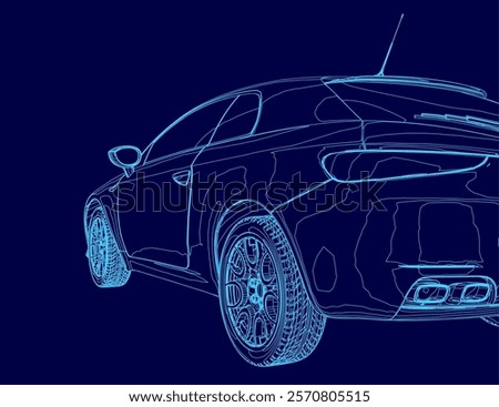 Blue car with a stripe on the side. The car is shown in a stylized way, with the wheels and tires emphasized. Scene is sleek and modern, with a focus on the car's design and features