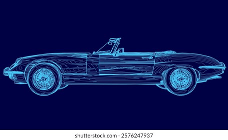 Blue car with a sunroof is shown in a blue background. The car is a classic model and is shown in a stylized way. Scene is nostalgic and dreamy