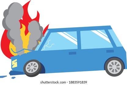 Un coche azul que se enciende desde el motor y emite humo negro