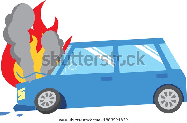 A blue car that ignites from the engine and emits\
black smoke