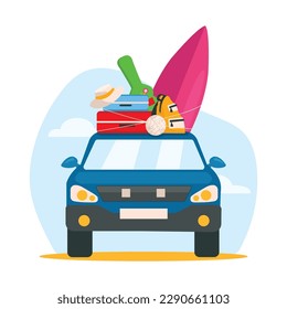 The blue car with things goes on vacation. Roof-mounted suitcases, surfboard, hat, ball, guitar, backpack.