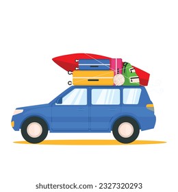 Blue car with things goes on vacation. Suitcases, a surfboard, a backpack, a ball are fixed on the roof. Vector graphic.