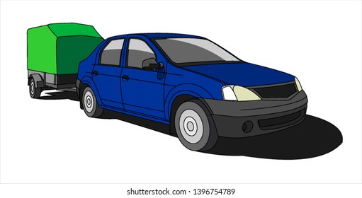 Blue Car With Trailer, Front view, Three-quarter view. Modern flat vector illustration isolated on white background.