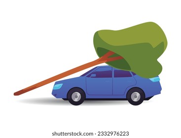 Blue car under fallen tree flat style, vector illustration isolated on white background. Decorative design element, damage, nature and environment, cataclysm disaster