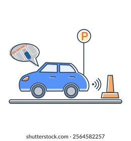 Blue car using parking assistance system, showing the use of parking sensors or guidance system, relevant for content related to smart vehicles, automotive innovation and IoT in transportation