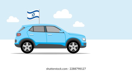 Ilustración del vector del vehículo azul con la bandera israelí. Concepto del Día de la Independencia de Israel. Felices antecedentes del Día de la Independencia con espacio para copiar