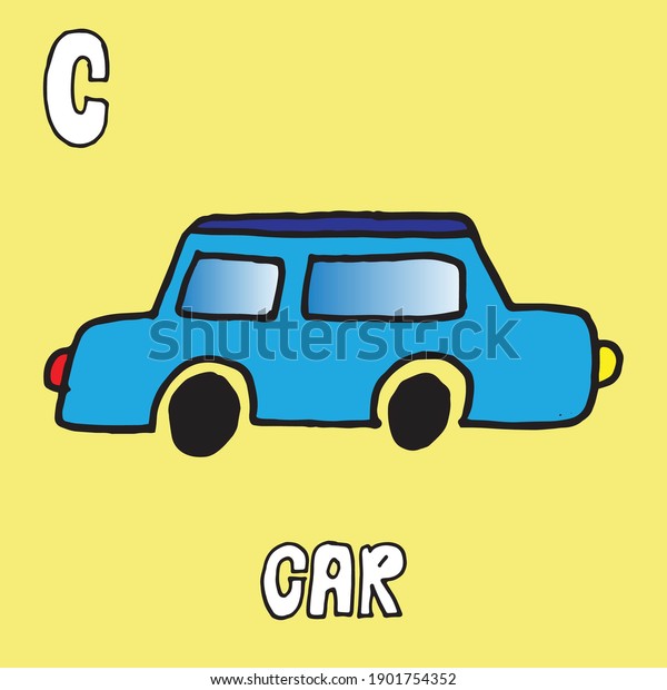 blue car vector illustration on yellow background.\
car-hand drawn lettering. car icon. C-alphabet, english language\
for kids. hand drawn vector. doodle transport for education, car,\
poster. 