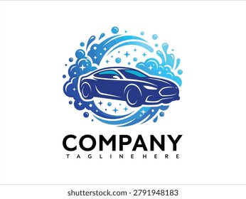 Blue car vector illustration with soap bubbles and stars for a cleaning or automotive company with a tagline space for branding purposes and advertising campaigns with modern design elements