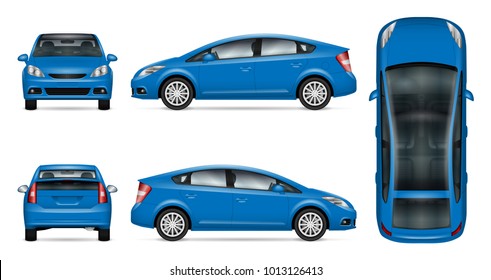 Blue car vector mock up for advertising, corporate identity. Isolated template of the car on white background. Vehicle branding mockup. Easy to edit and recolor. View from side, front, back, top.