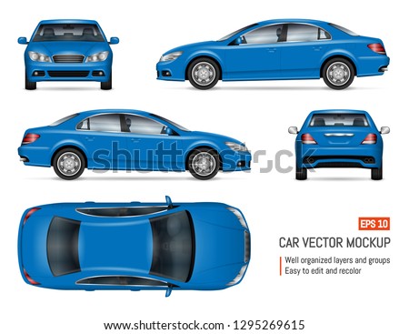 Blue car vector mockup for vehicle branding, advertising, corporate identity. Isolated template of realistic sedan on white background. All elements in the groups on separate layers for easy editing