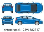 Blue car vector template with simple colors without gradients and effects. View from side, front, back, and top