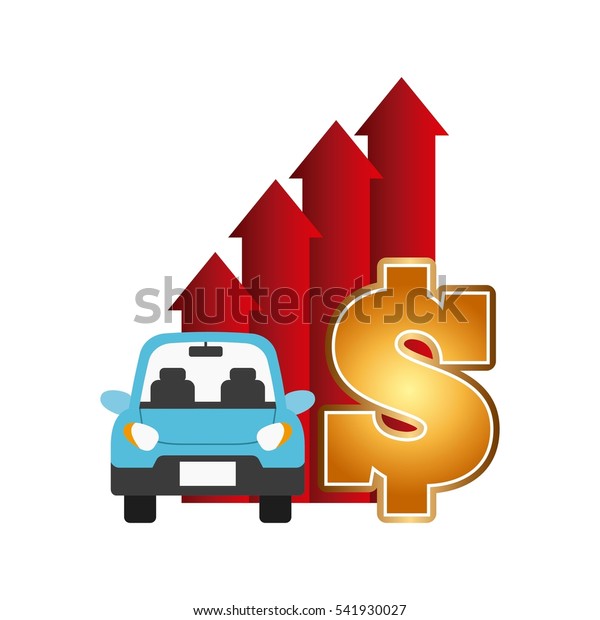 blue car\
vehicle and money sign with up arrows direction over white\
background. colorful design. vector\
illustration