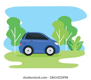 blue car vehicle traveling in the camp vector illustration design