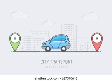 Blue Car Vehicle Traveling Route With Red And Green Location Marker In The City . Vector Illustration In Line Art Drawing Style