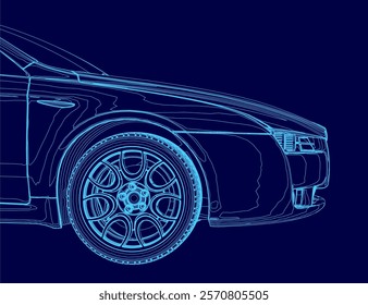 Blue car with a wheel is shown in a blue background. The car is shown in a stylized way, with the wheel being the main focus. Scene is somewhat abstract and artistic, with the blue color