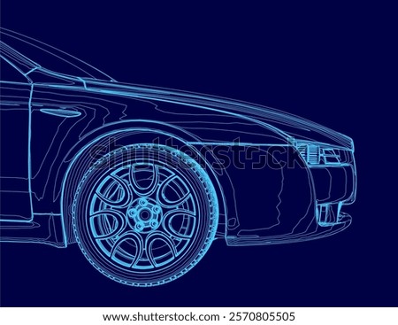 Blue car with a wheel is shown in a blue background. The car is shown in a stylized way, with the wheel being the main focus. Scene is somewhat abstract and artistic, with the blue color