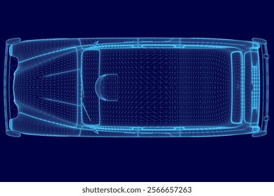 Blue car wireframe. The car is in a 3D format