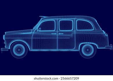Blue car wireframe. The car is old and has a vintage look